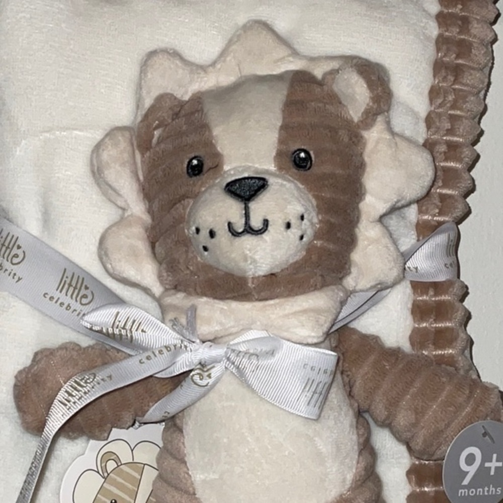 BABY BOY WHITE BROWN RIBBED BABY LION PLUSH TOY+30x40 WHITE BLANKET RIBBED TRIM